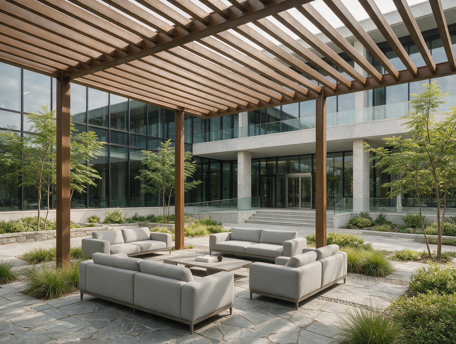 Jardín corporativo con pérgola bioclimática