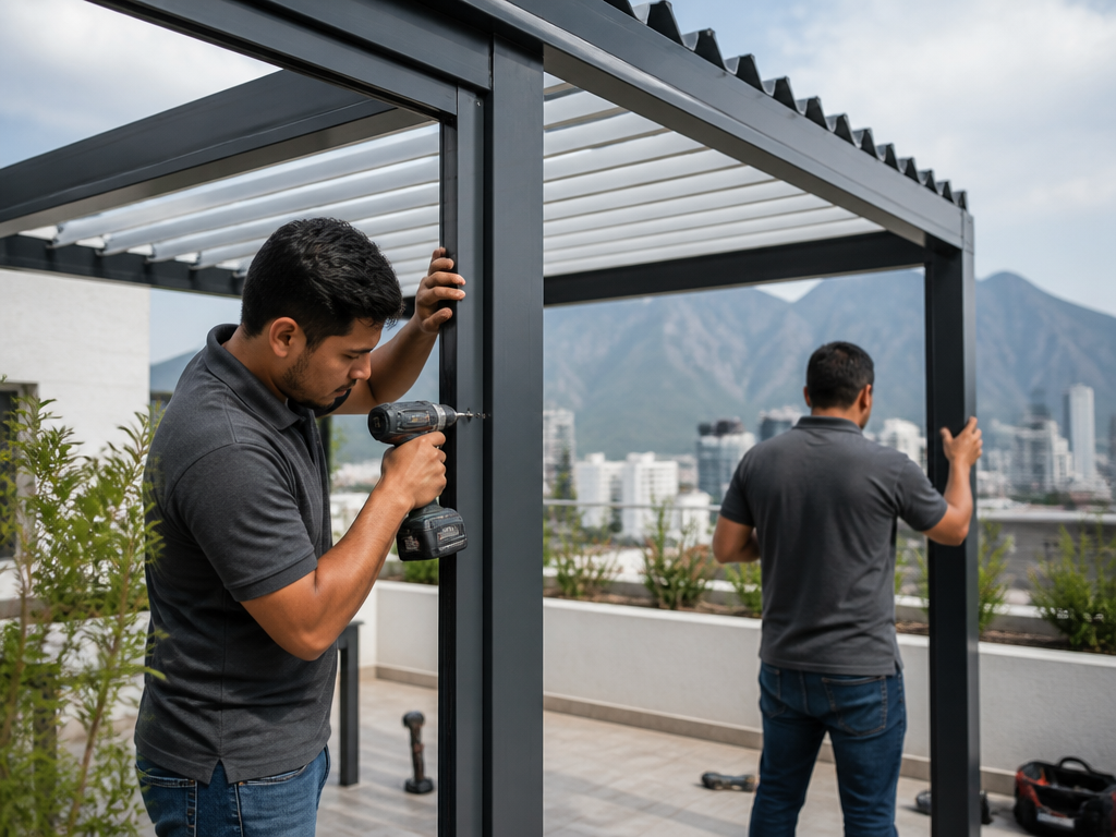 Equipo de instalación armando la estructura de una pérgola bioclimática