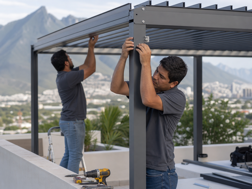 Equipo de instalación fijando las columnas de una pérgola bioclimática