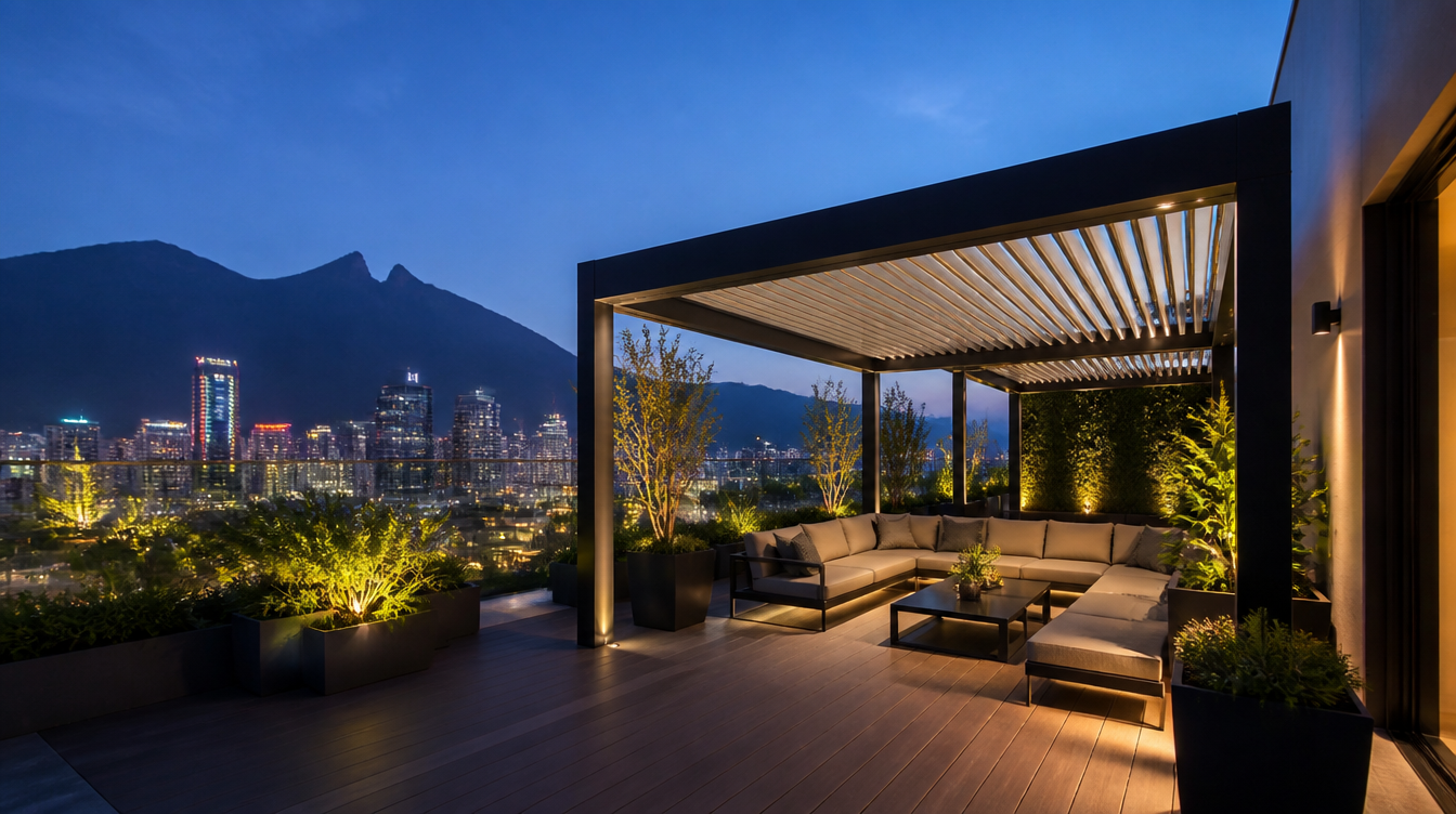 Roof garden de noche con pérgola bioclimática iluminada y skyline de Monterrey