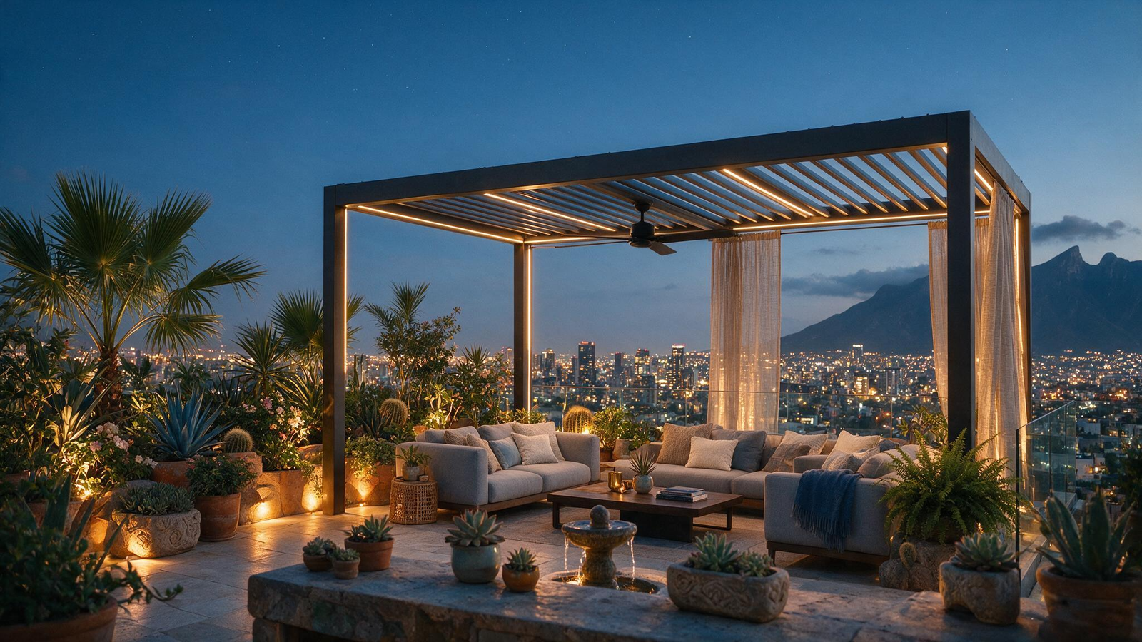 Pérgola bioclimática instalada en terraza de restaurante en Carretera Nacional